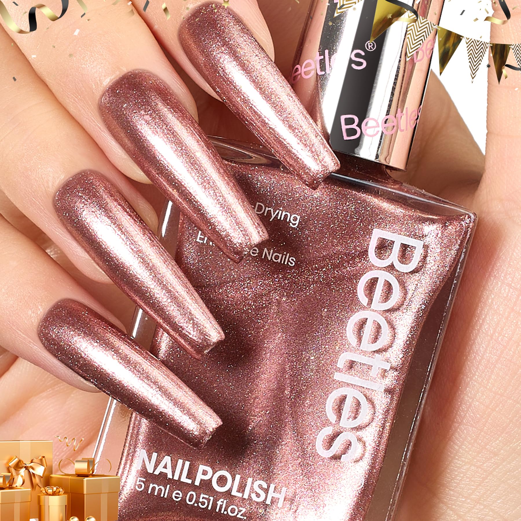 Beetles bottle front view showing champagne gold glitter polish and glossy benefit