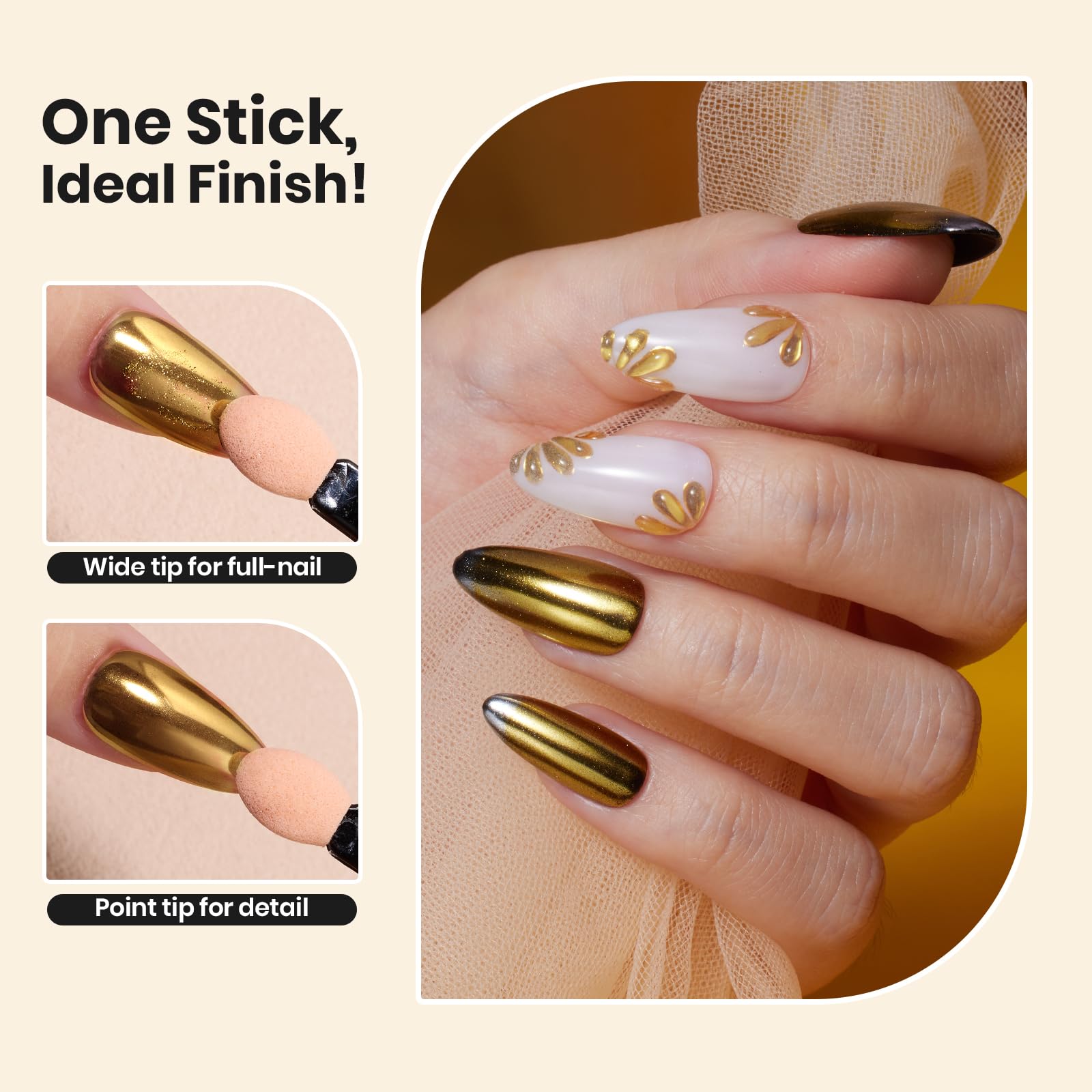 beetles powder being rubbed onto a cured nail showing instant mirror metallic effect