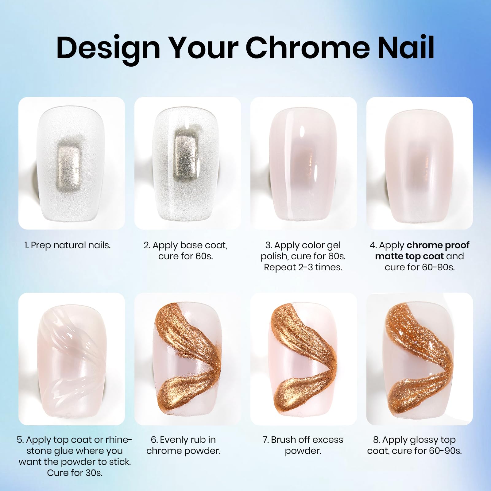 Beetles before-and-after nail art showing reduced chrome spreading benefit