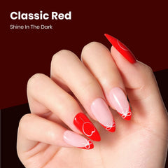beetles red gel on manicured nails cured under LED showing shine