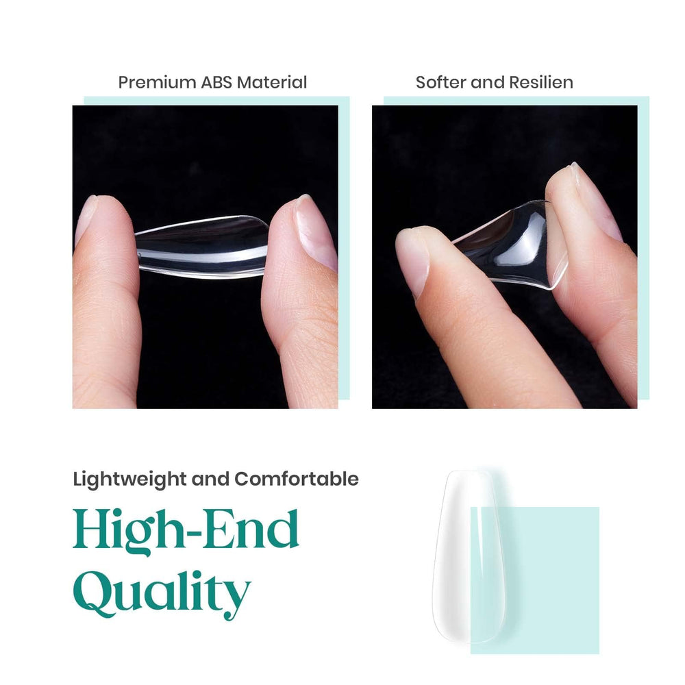 Beetles Gel Polish clear coffin tips on a model hand demonstrating salon-ready look