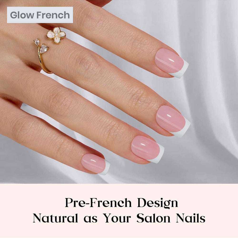 Beetles close-up of glow French tip detail, highlighting crisp smile line