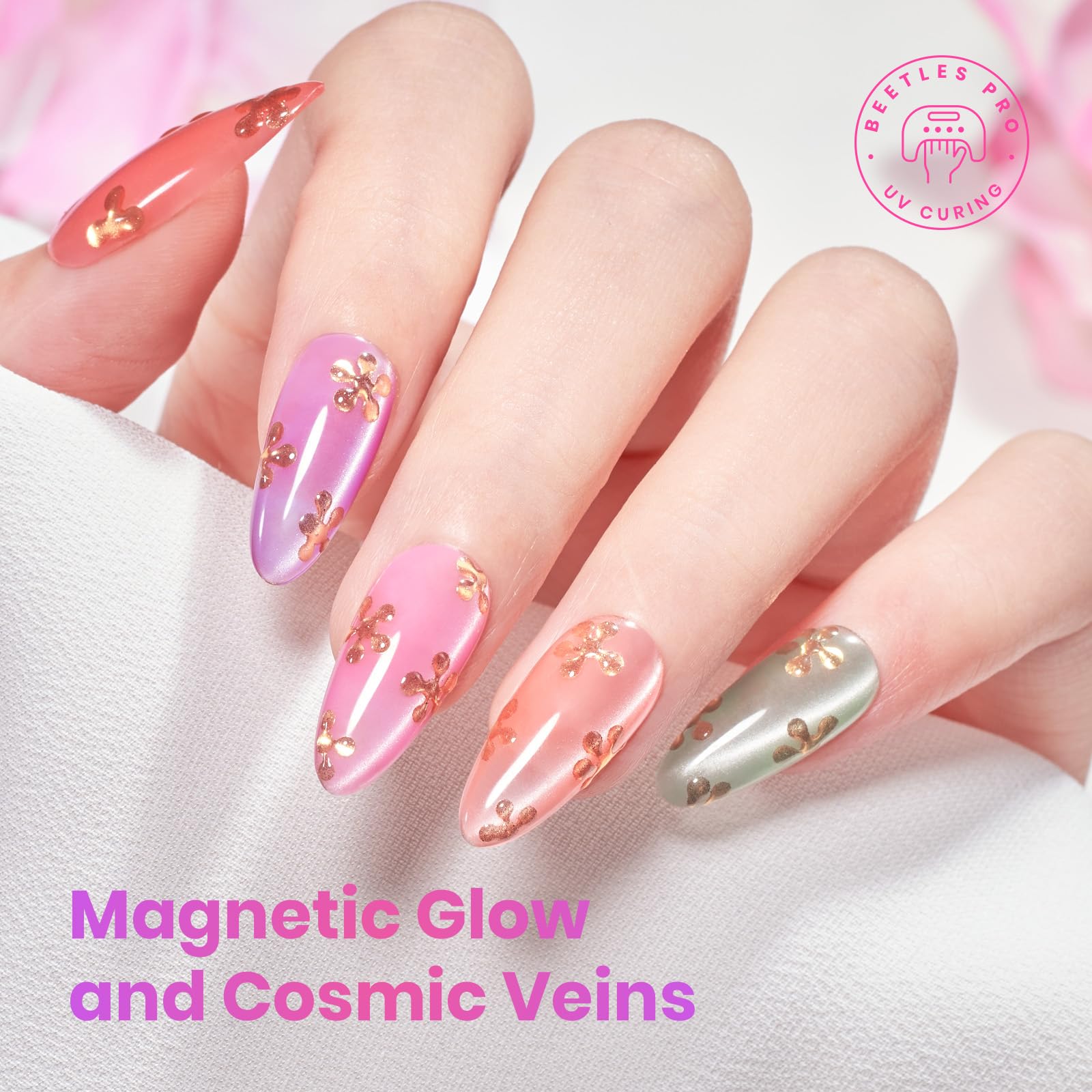 beetles close-up shimmer texture of gel polish, reveals pearlescent finish