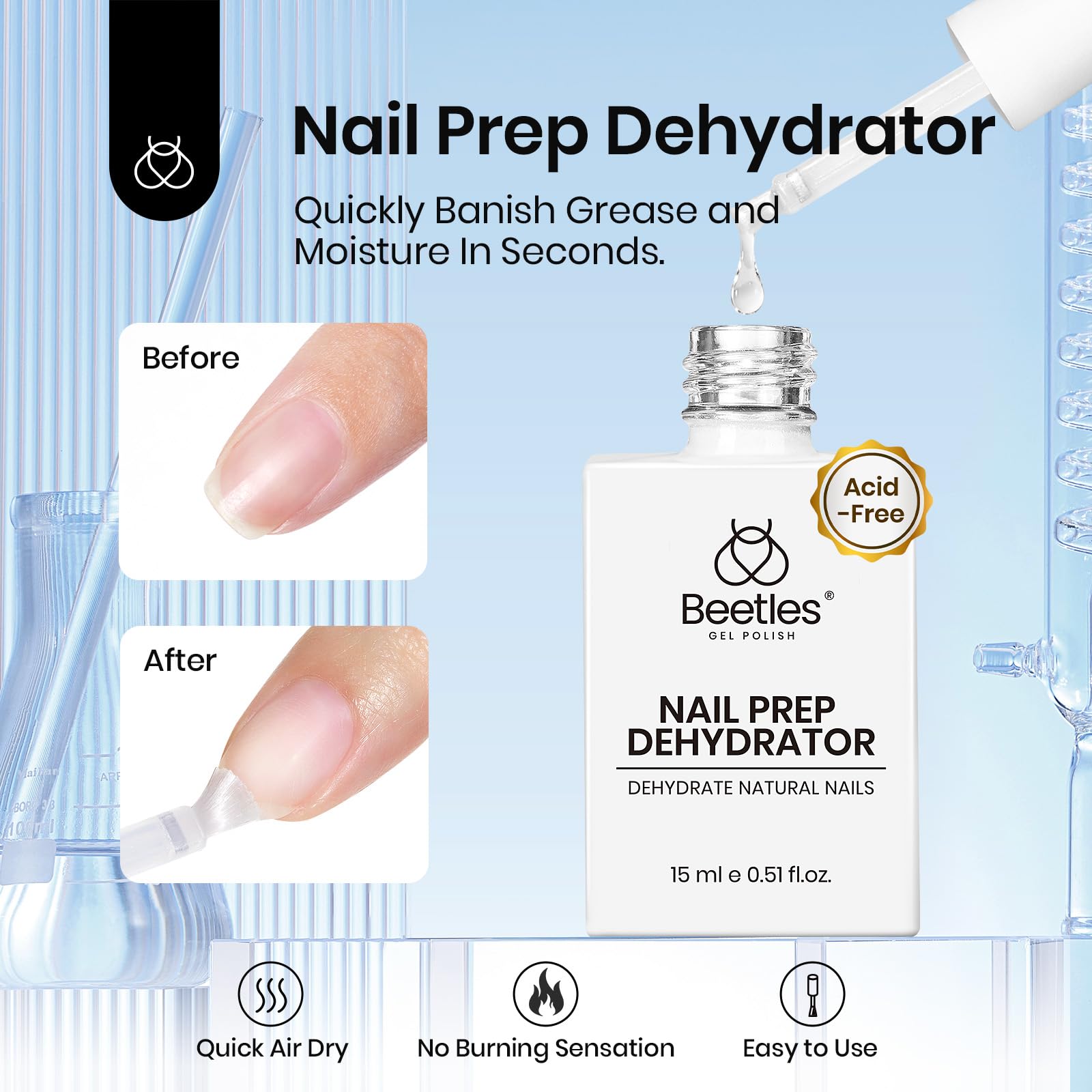 Beetles closeup nozzle showing precision brush for thin even application benefit
