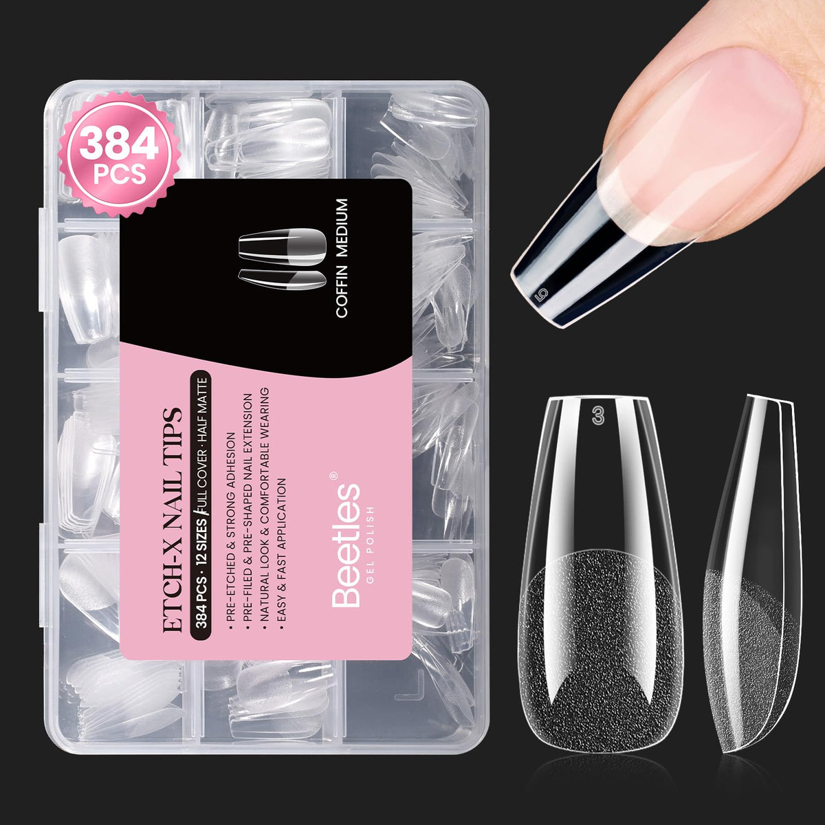 Beetles coffin medium front packaging showing 384-piece kit and benefits