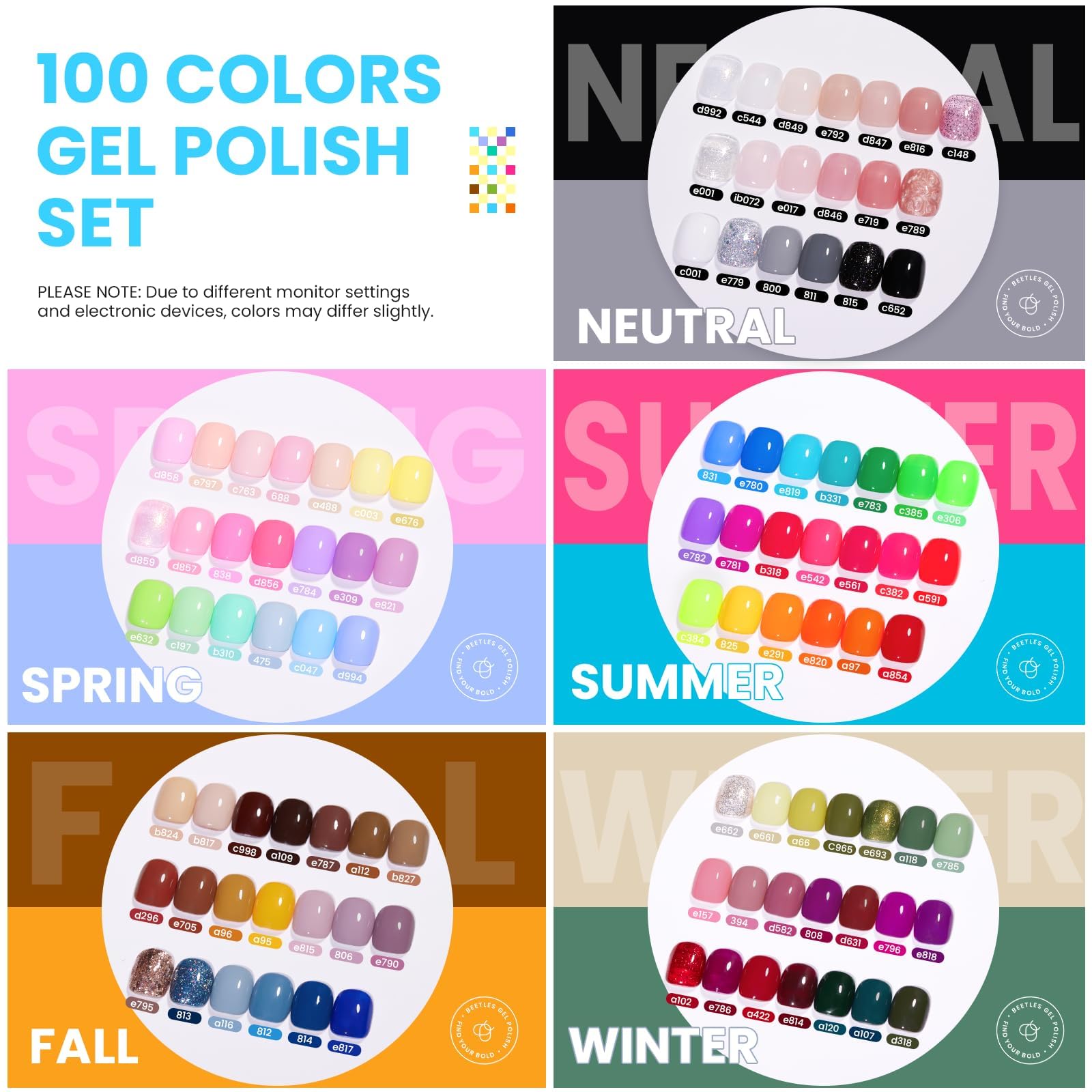 Beetles colorful bottles array revealing 100 shades for creative variety