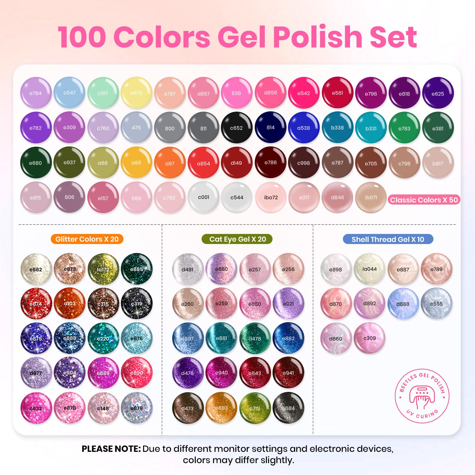 beetles color swatch array displaying 100 shades benefit: seasonal color range