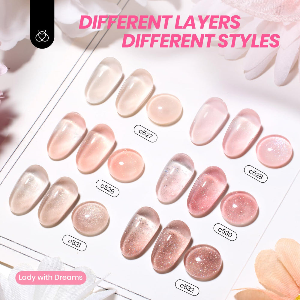 Beetles color swatch fan displaying translucent nude and pink jelly shades