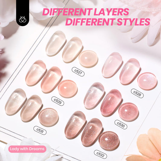 Beetles color swatch fan displaying translucent nude and pink jelly shades