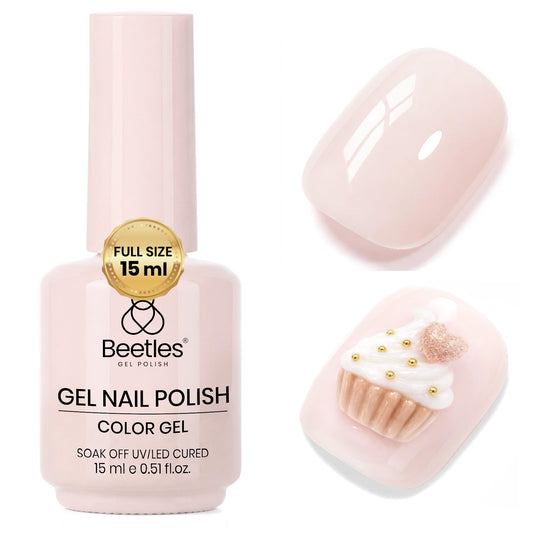 beetles bottle front view showing Creamy Almond shade and easy identification benefit