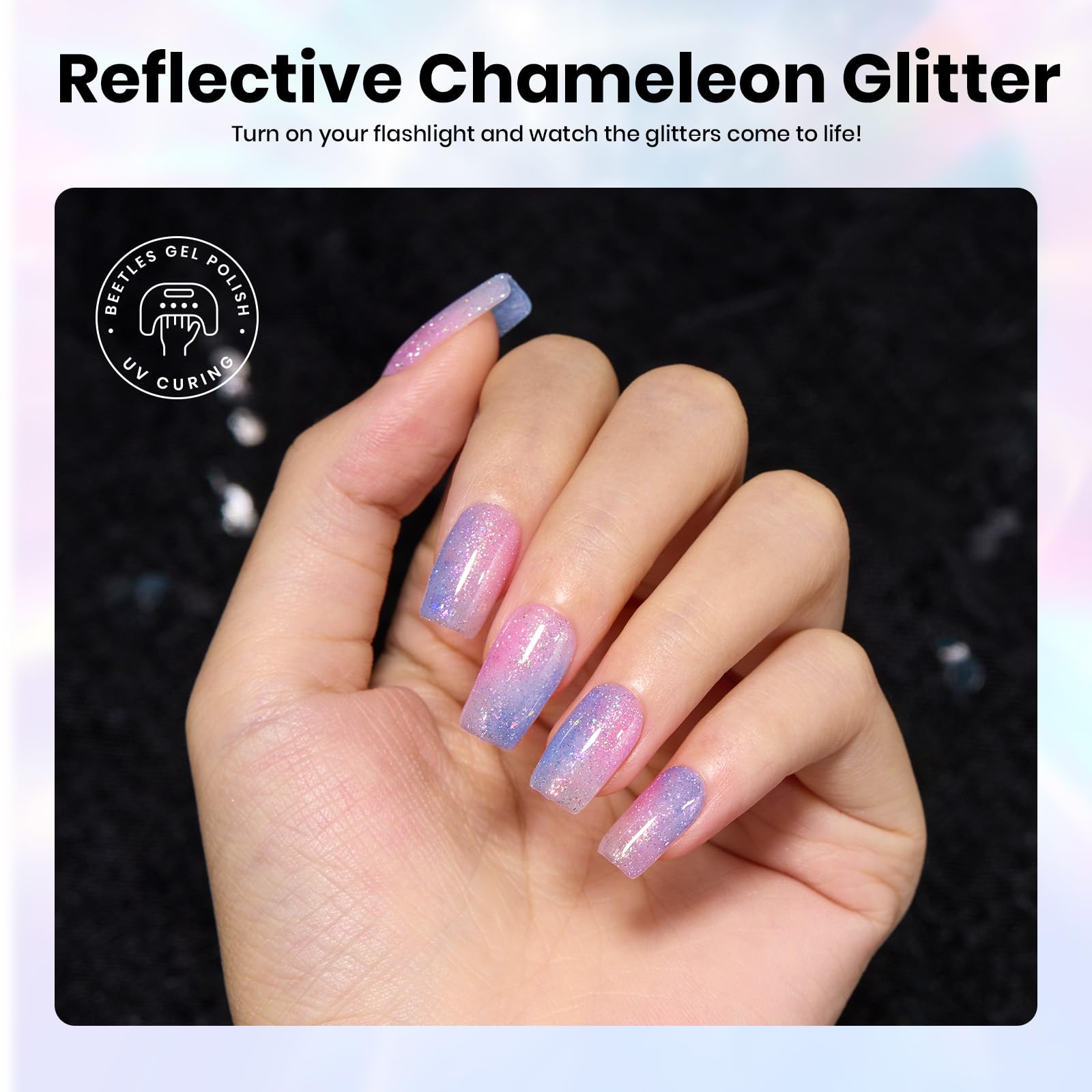 beetles cured manicure in sunlight demonstrating bright prismatic shine for events