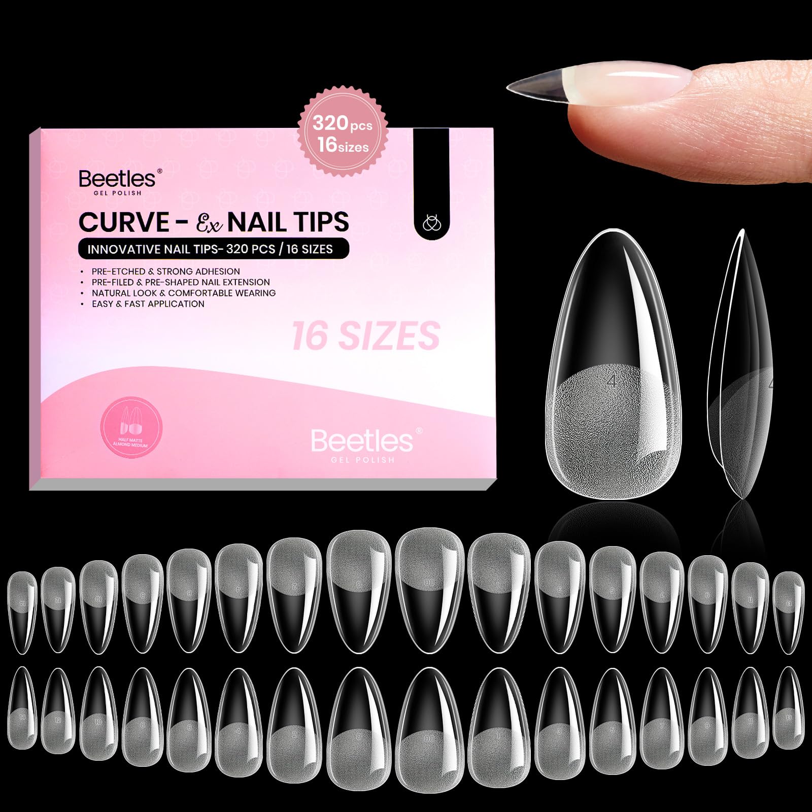 Beetles Curve-EX almond tips front packaging showing kit contents and sizes