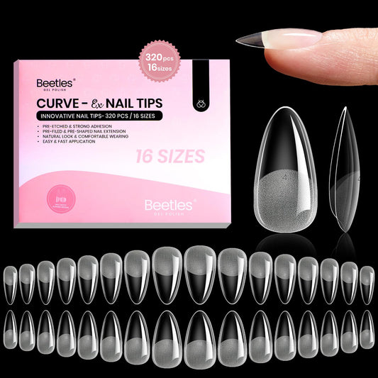 Beetles Curve-EX almond tips front packaging showing kit contents and sizes