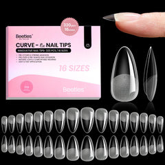 Beetles Curve-EX almond tips front packaging showing kit contents and sizes