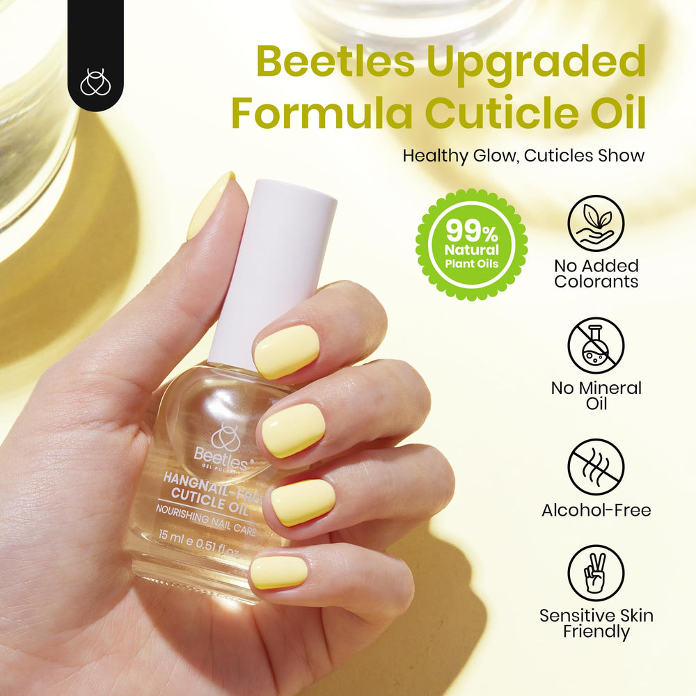 Beetles cuticle oil next to coin for scale showing compact 15ml travel convenience