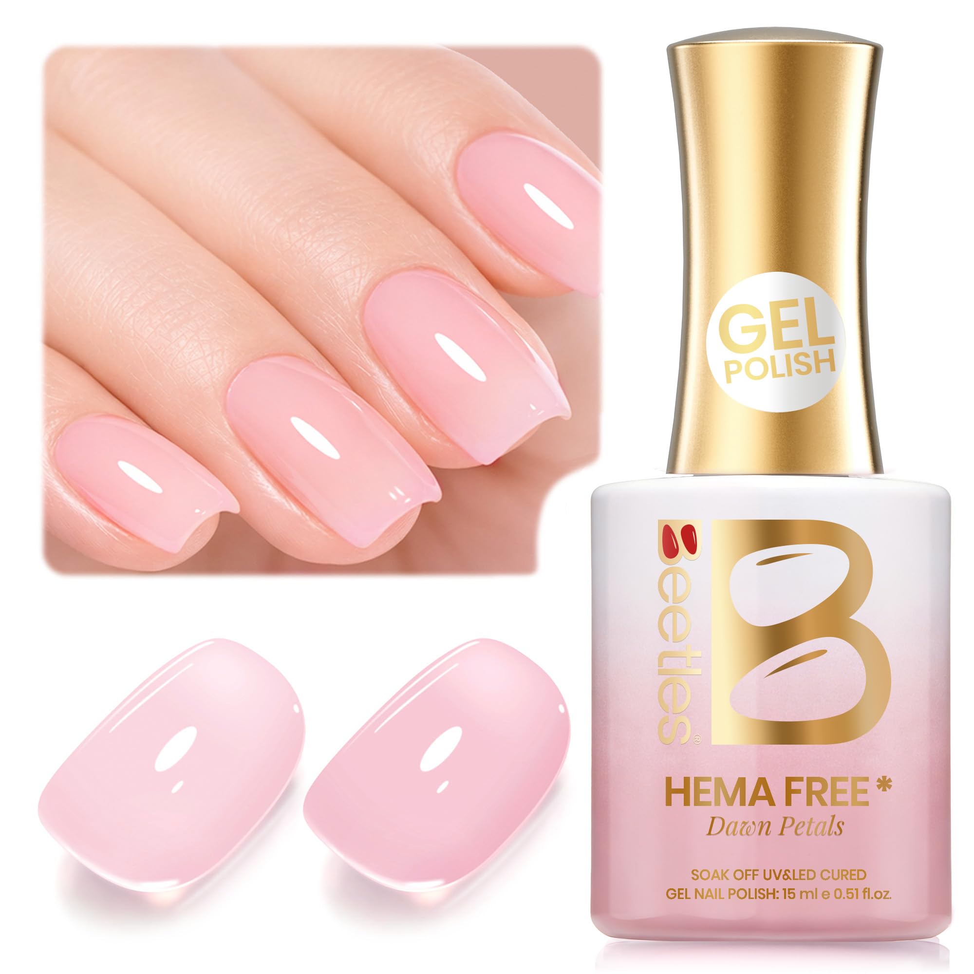 Beetles bottle front view showing Dawn Petals nude pink for clean presentation