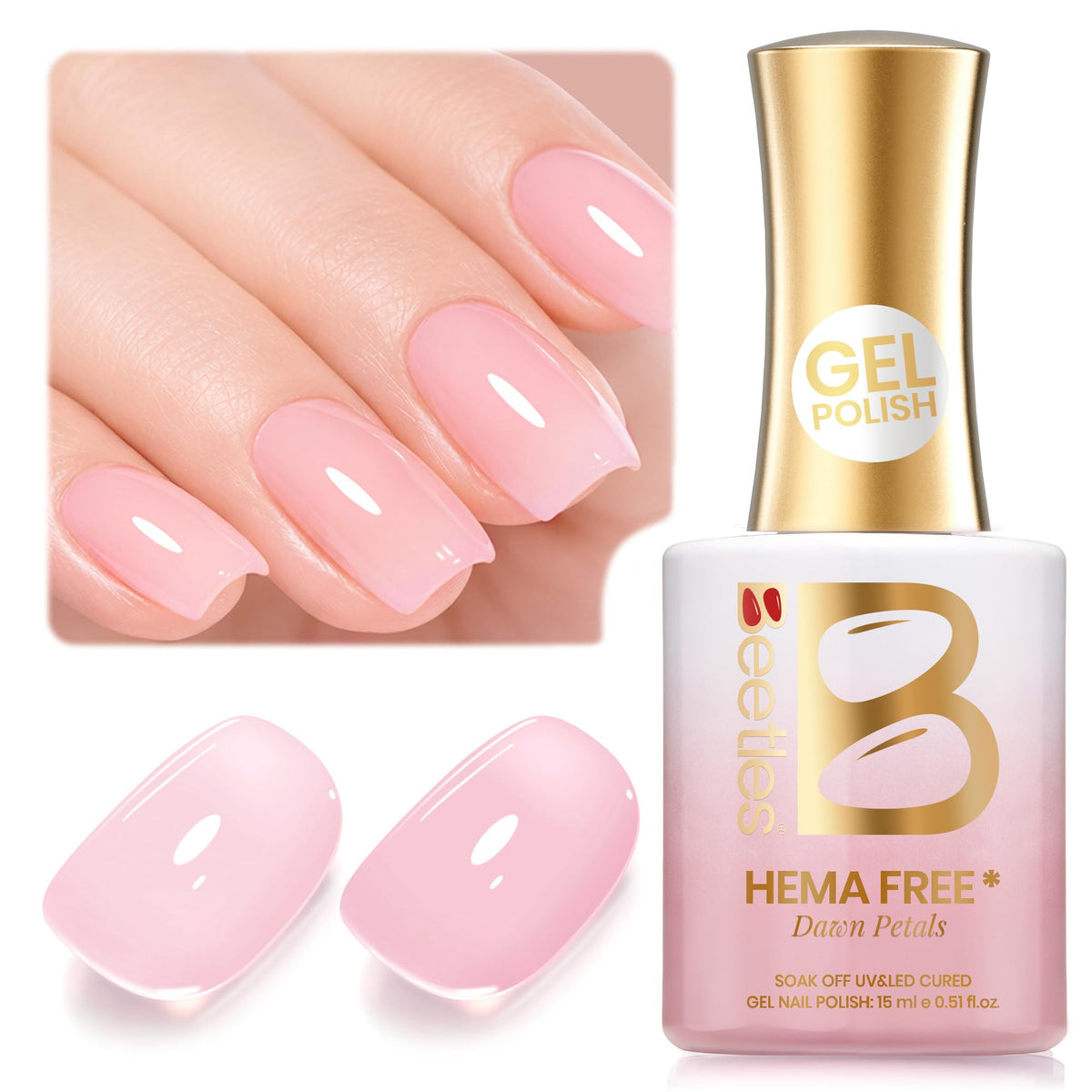 Beetles bottle front view showing Dawn Petals nude pink for clean presentation