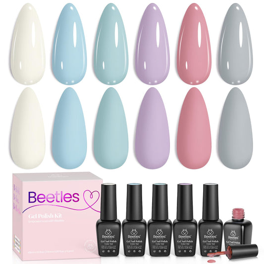 Beetles front packaging showing six pastel Morandi gel polishes, easy color selection