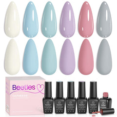 Beetles front packaging showing six pastel Morandi gel polishes, easy color selection