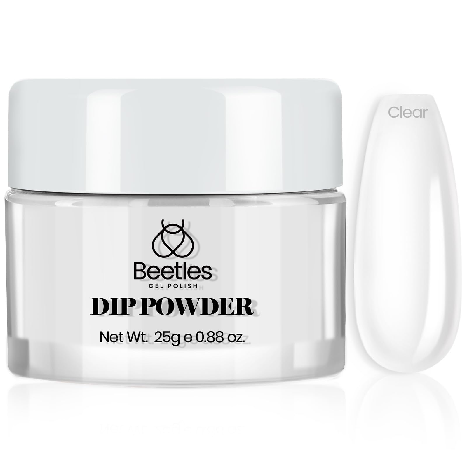 beetles gel polish clear powder jar showing product and brand benefit durability