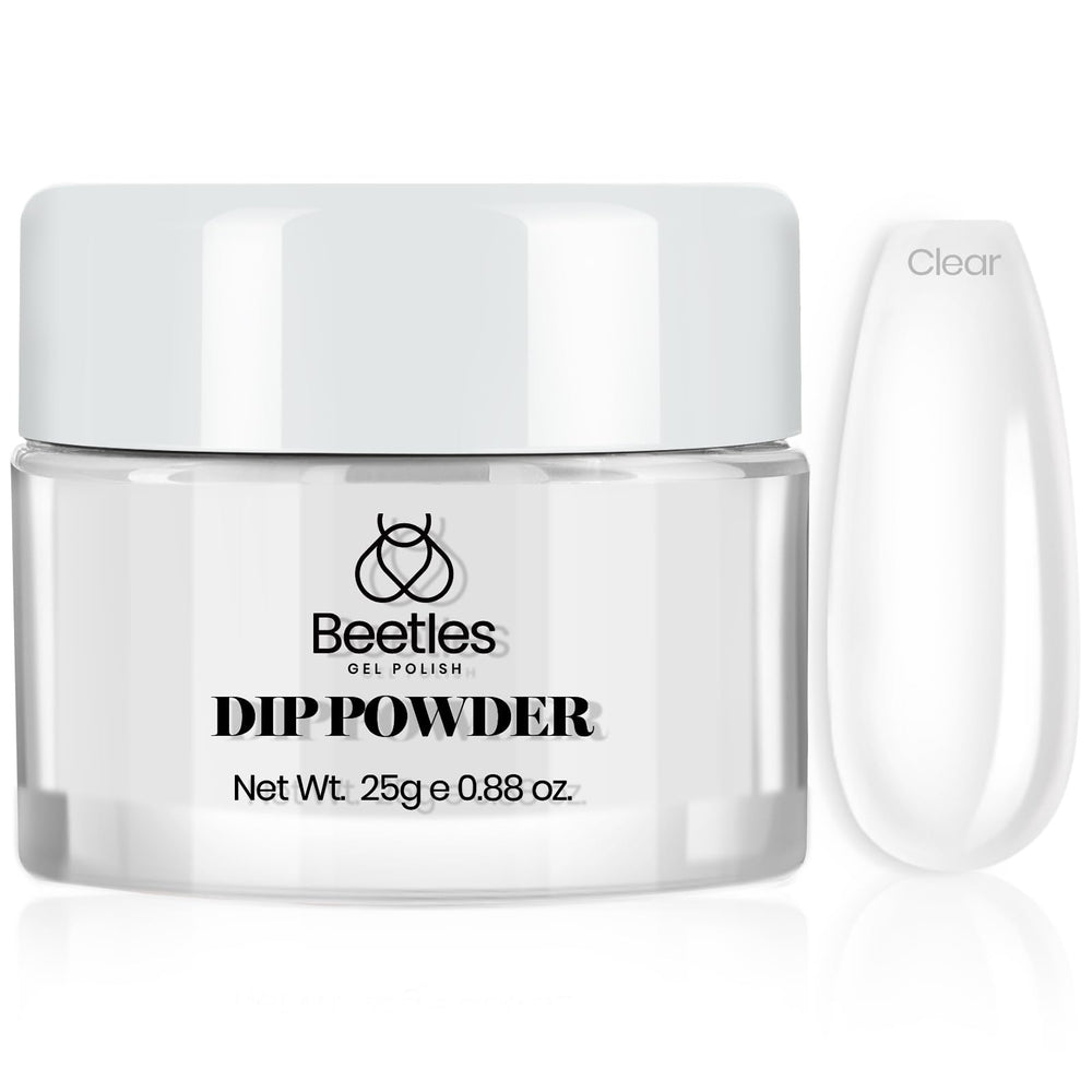 beetles gel polish clear powder jar showing product and brand benefit durability