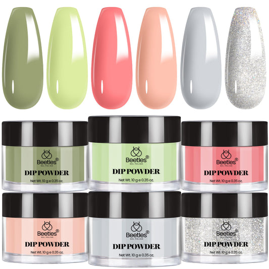 Beetles Gel Polish front packaging showing six dip powder jars and included accessories for versatile looks