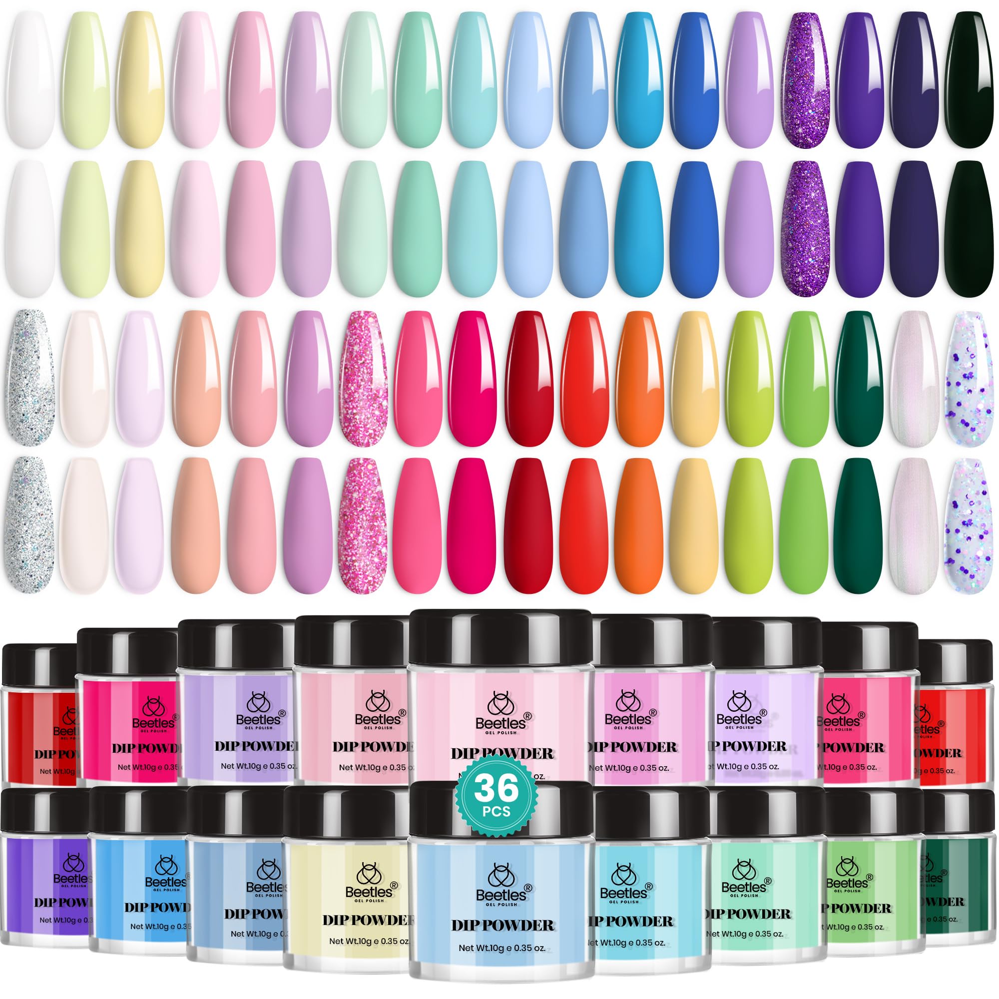 beetles gel polish front packaging showing 36 jars and colorful options for instant variety