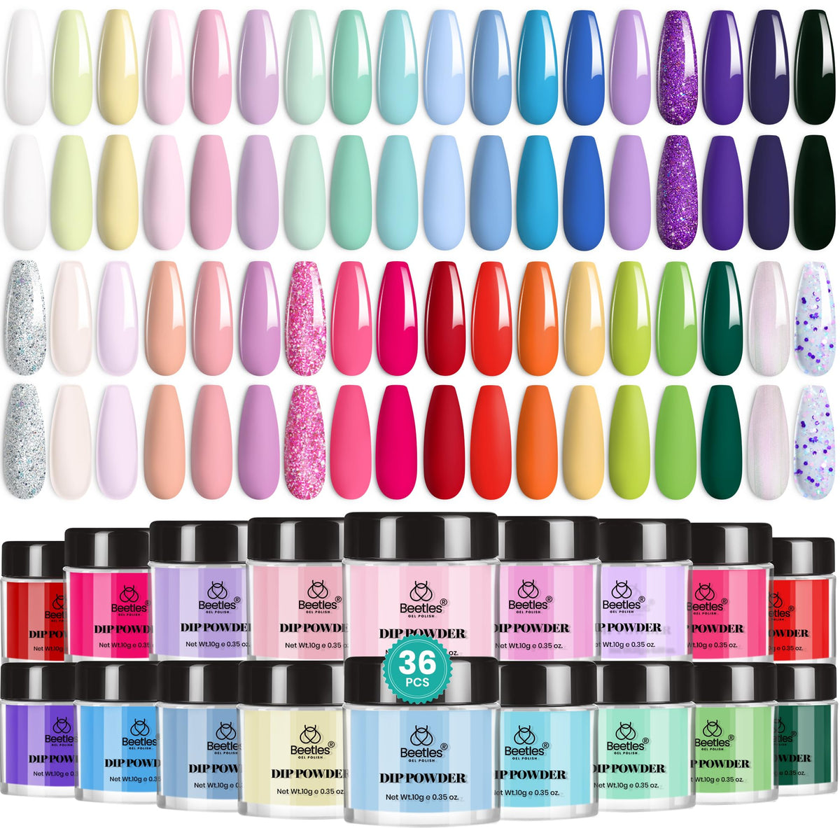 beetles gel polish front packaging showing 36 jars and colorful options for instant variety