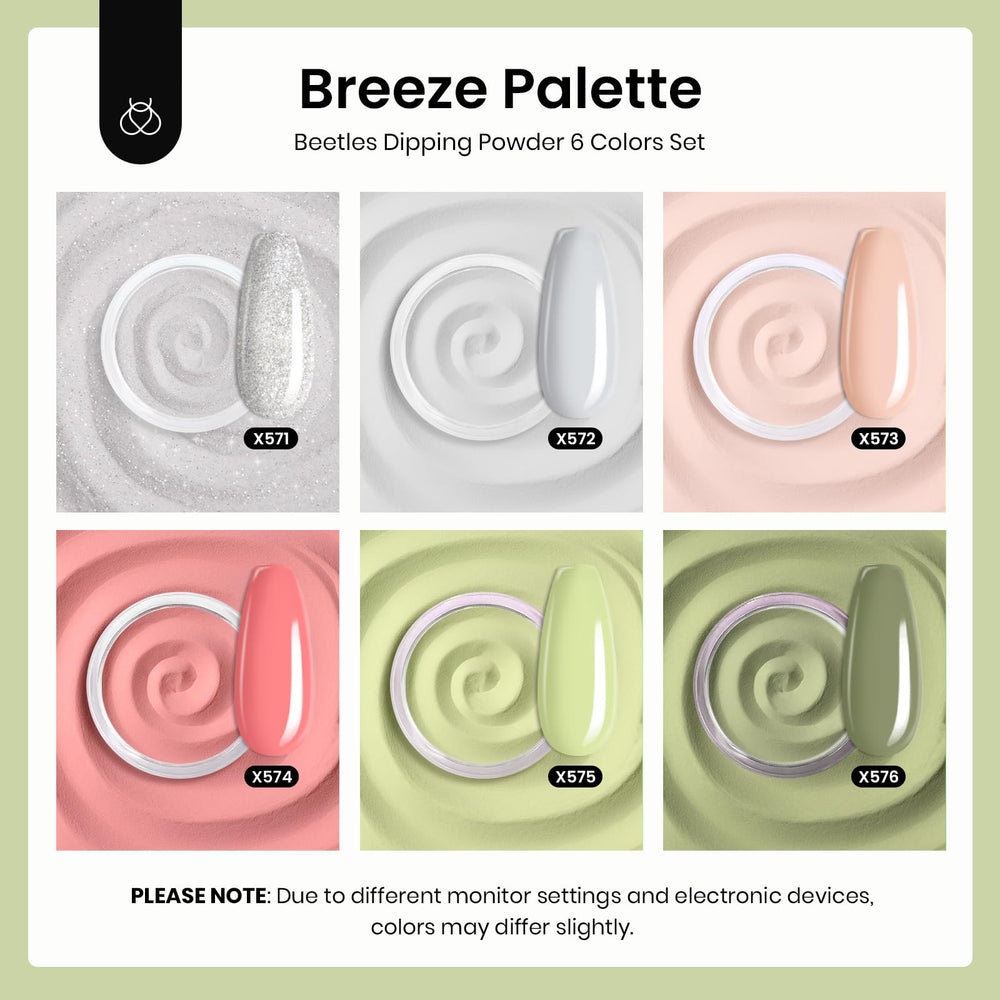 Beetles Gel Polish jar tops aligned to display the six colors and easy selection benefit