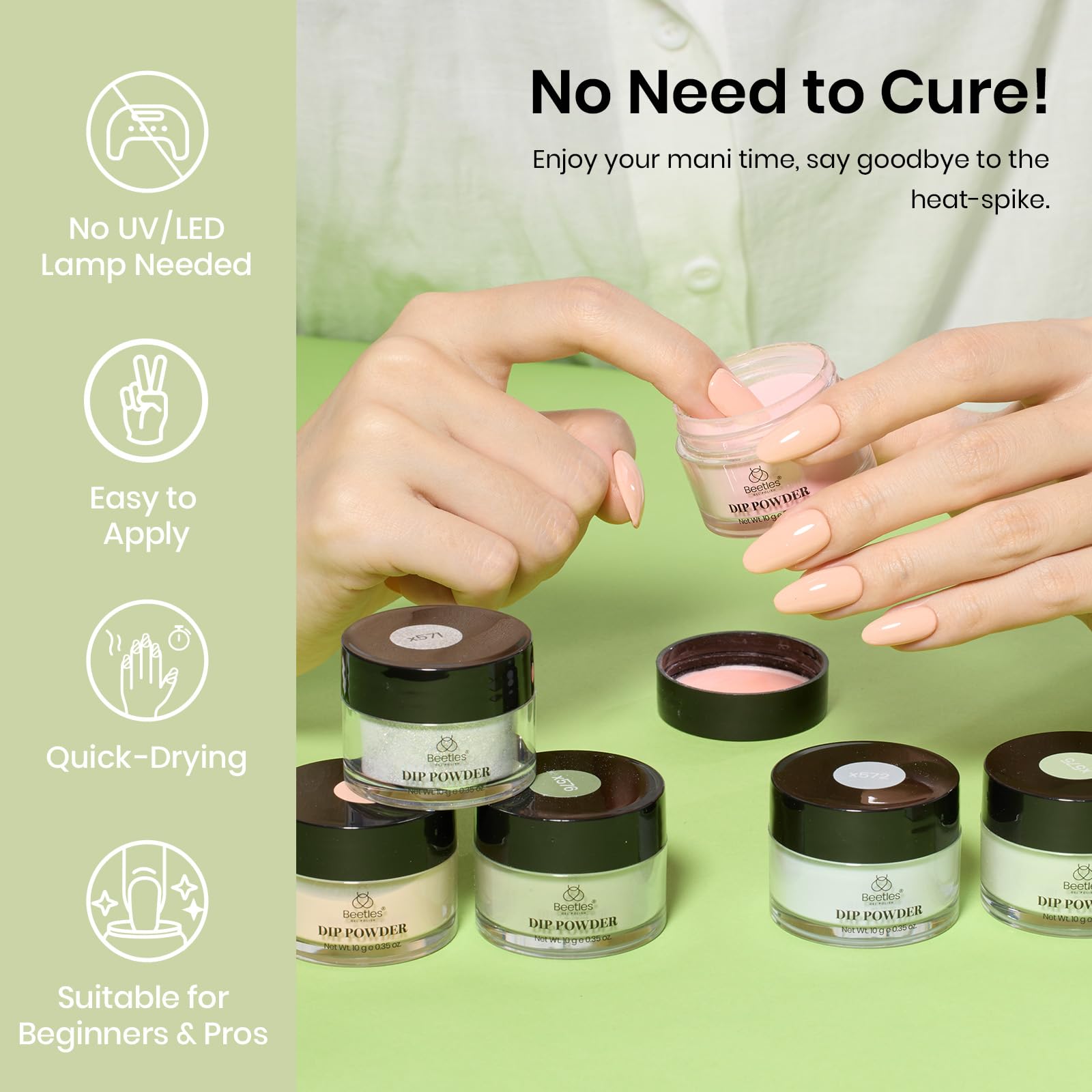 Beetles Gel Polish jar next to a coin for size comparison, illustrating compact, travel-friendly kit