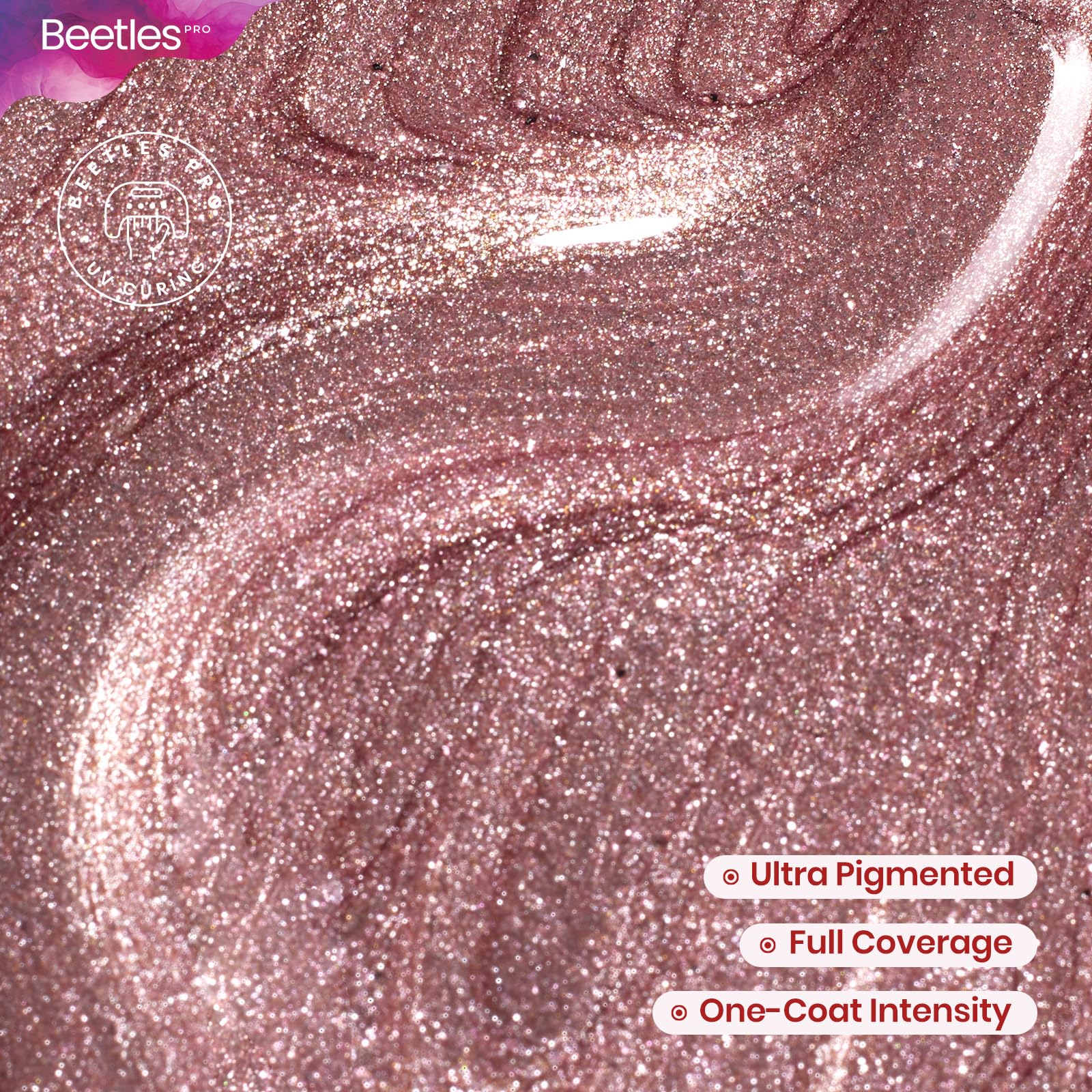 Beetles Gel Polish glitter close-up revealing rose gold shimmer and high pigment