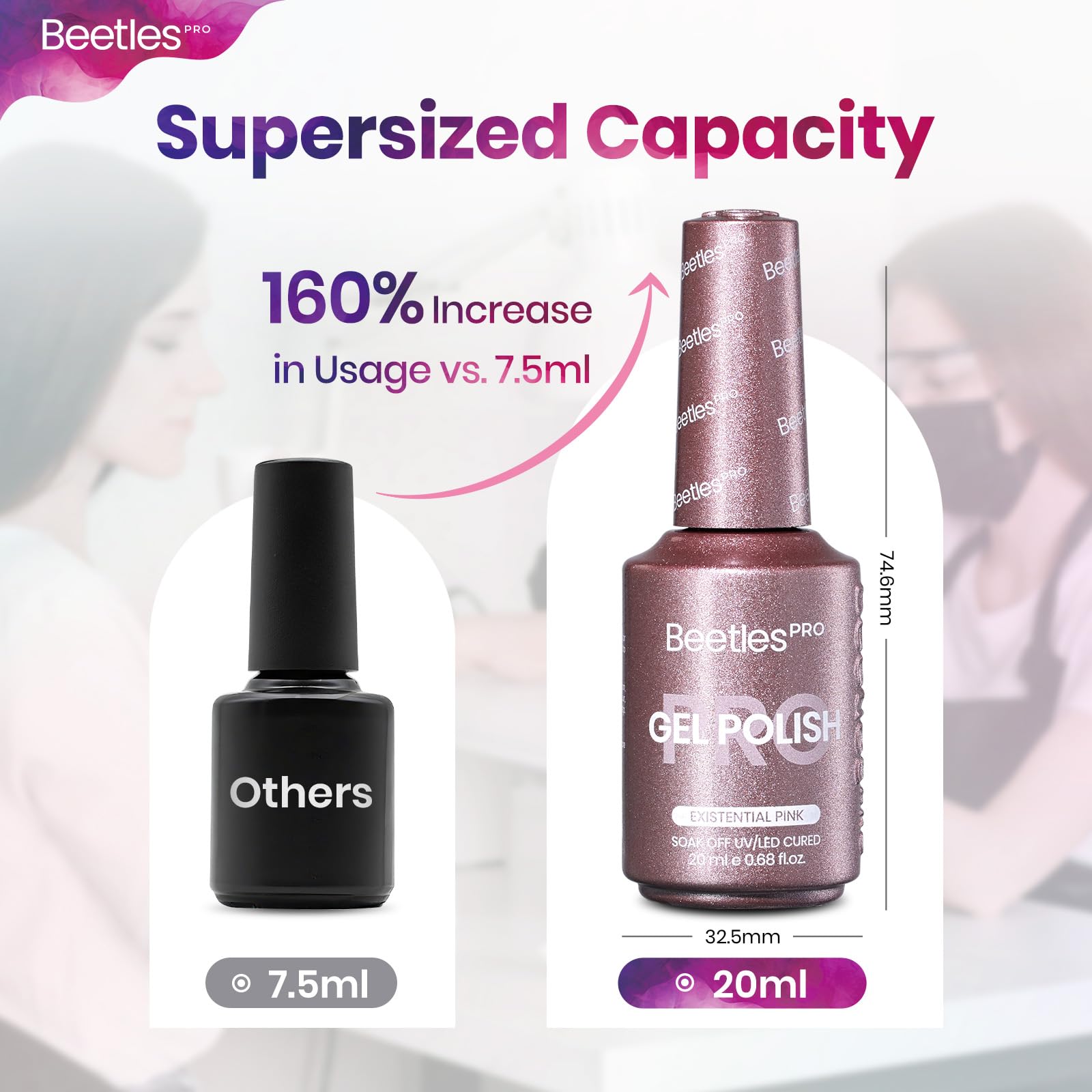 Beetles Gel Polish bottle beside hand for scale showing 20ml professional size