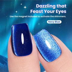 beetles swatch on finger highlighting navy cat-eye effect and glossy finish