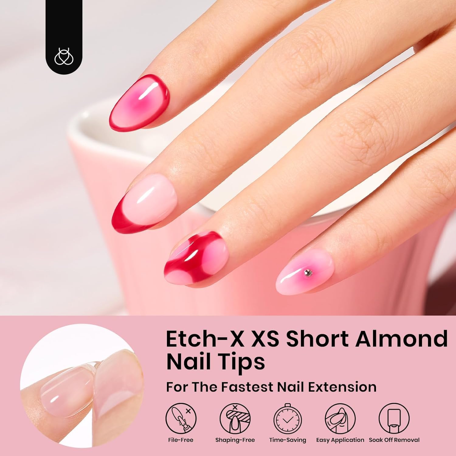 beetles finished short almond nails styled in lifestyle setting