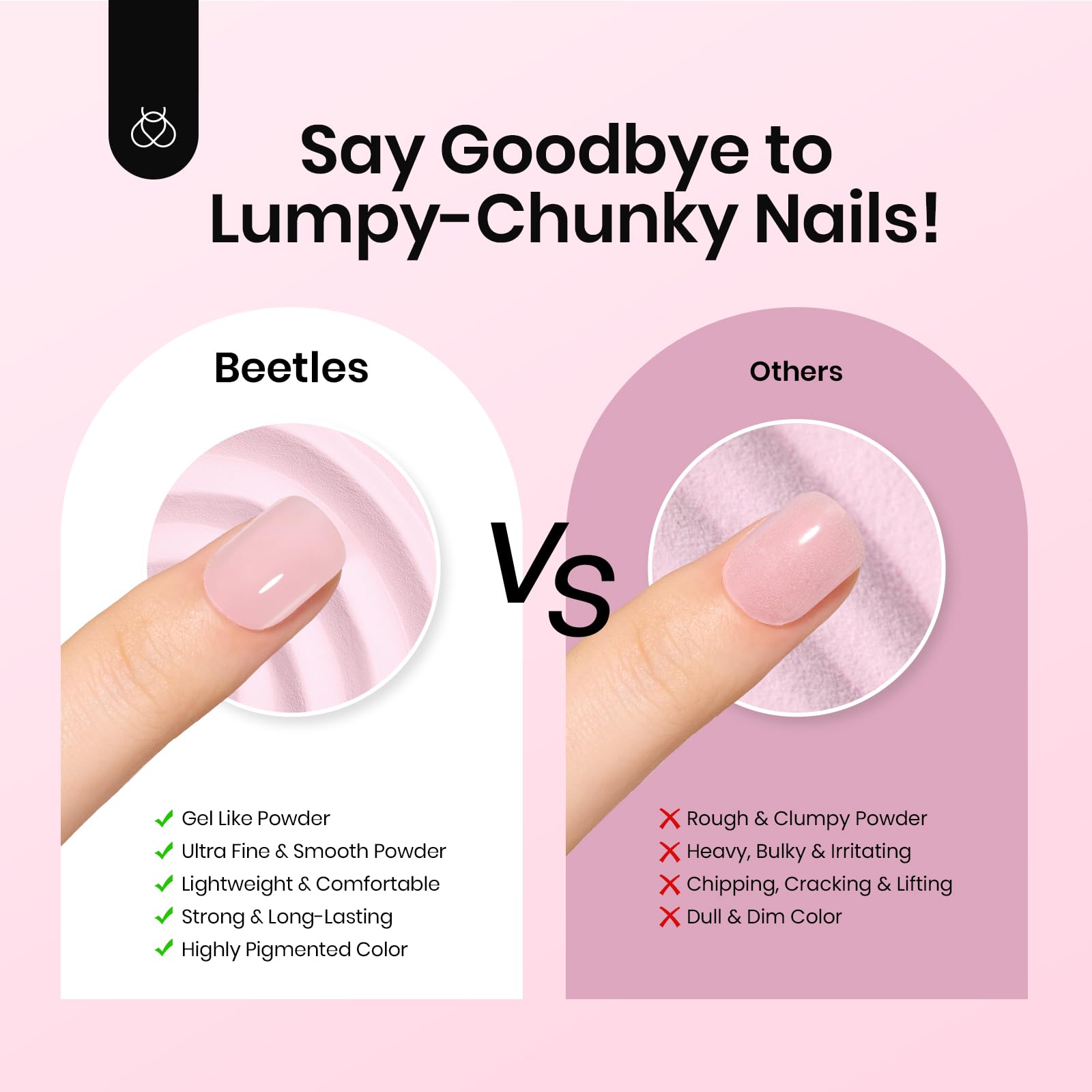 beetles Gel Polish finished manicure swatch on hand showcasing glossy, natural pink finish