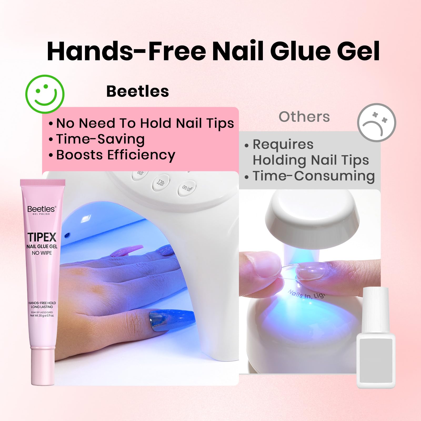 beetles Gel Polish filling gap between flat natural nail and apex tip to improve adhesion