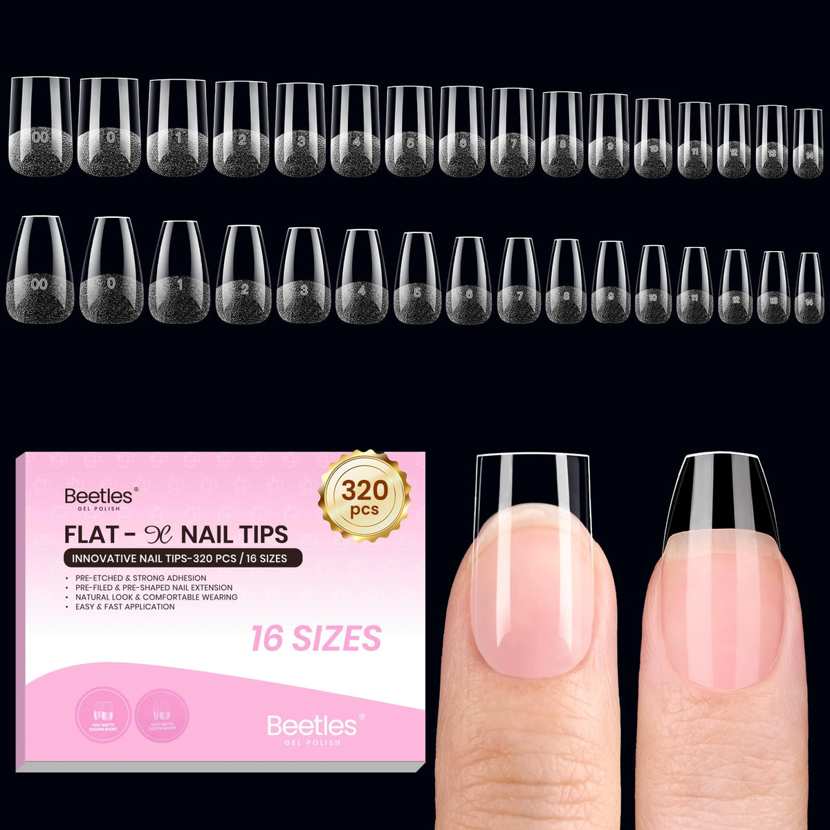 beetles Gel Polish front packaging showing full 320-piece kit and size labels, easy selection