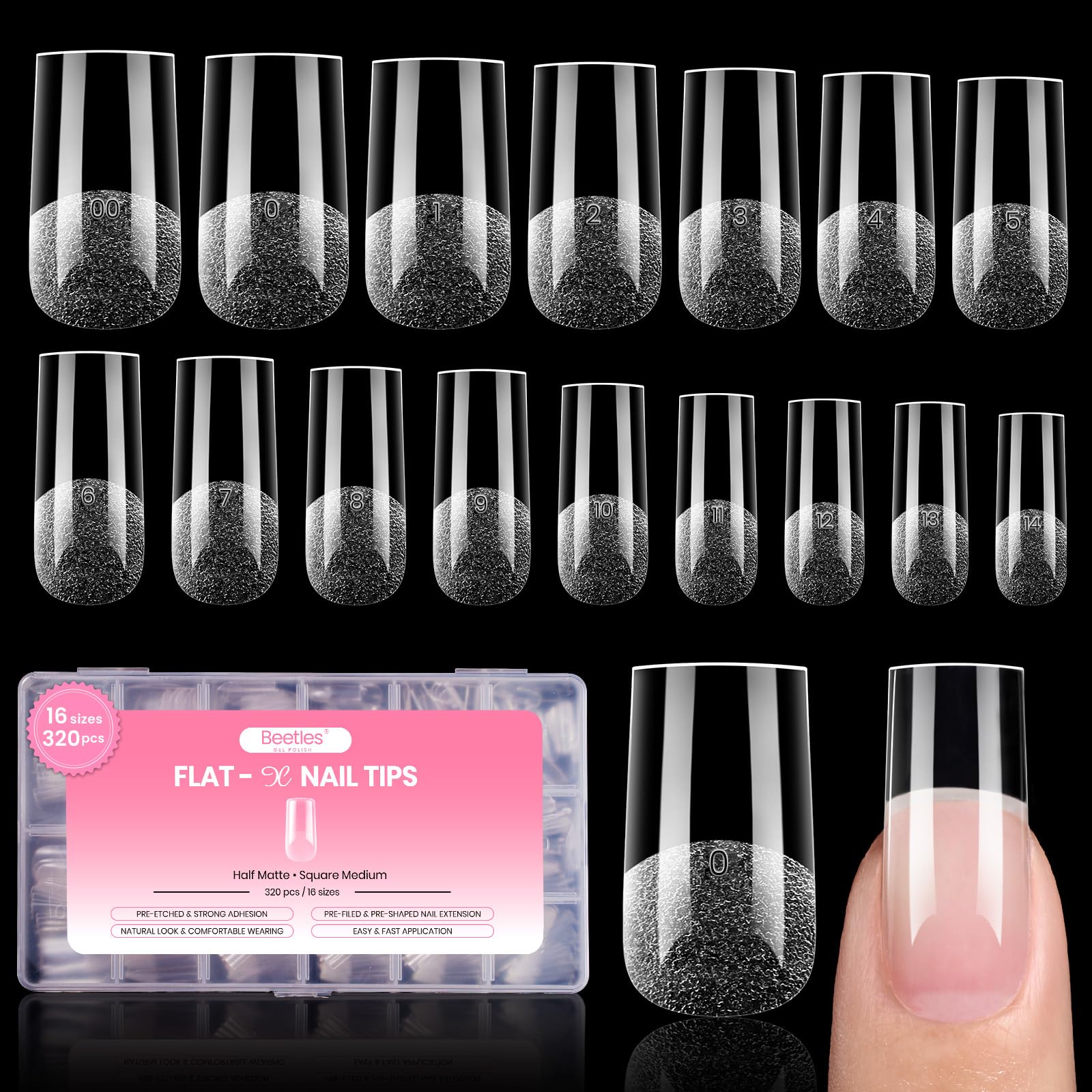 Beetles gel polish front packaging showing 320 clear tips and sizes, convenient storage