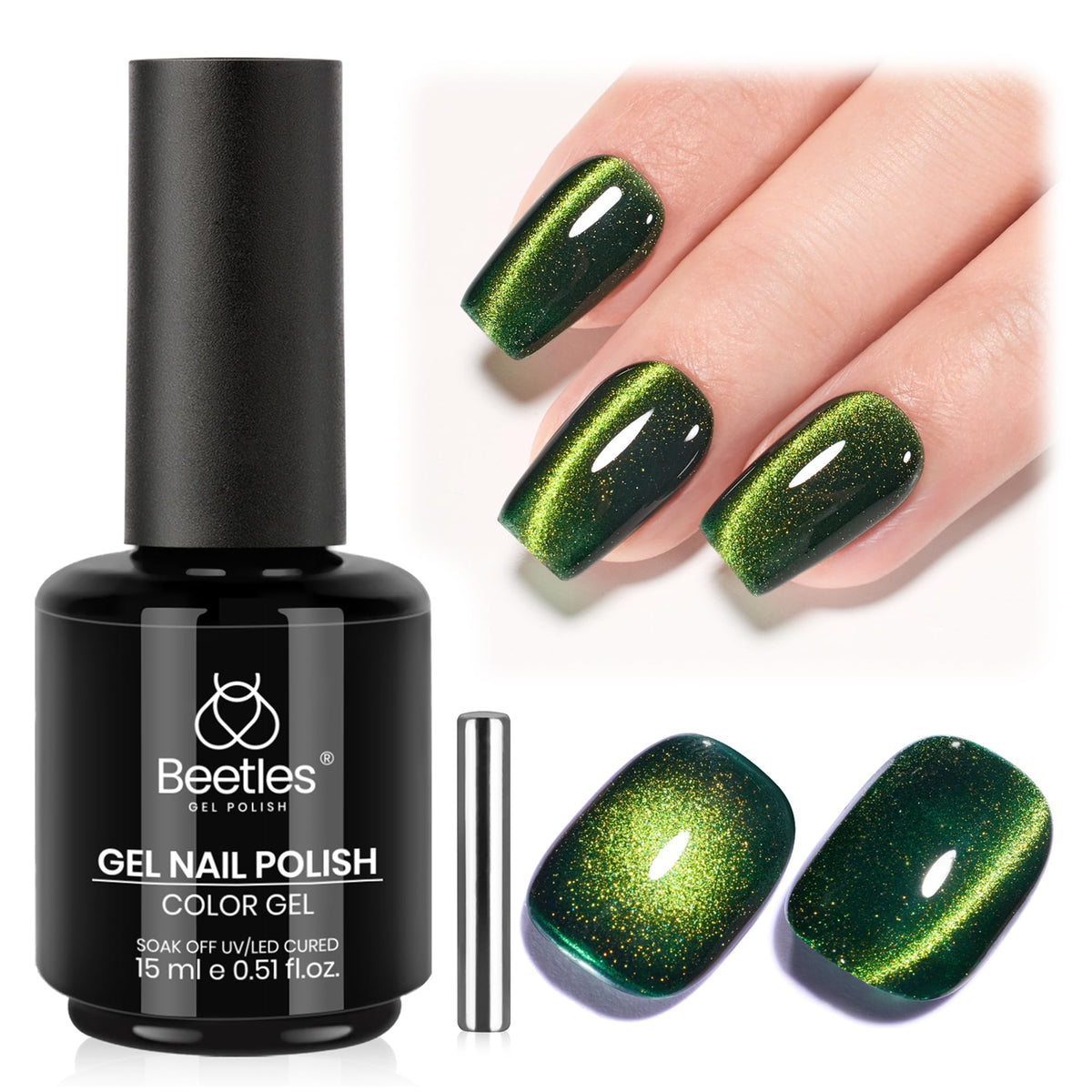 beetles bottle front packaging showing green cat eye polish, clear label and premium finish