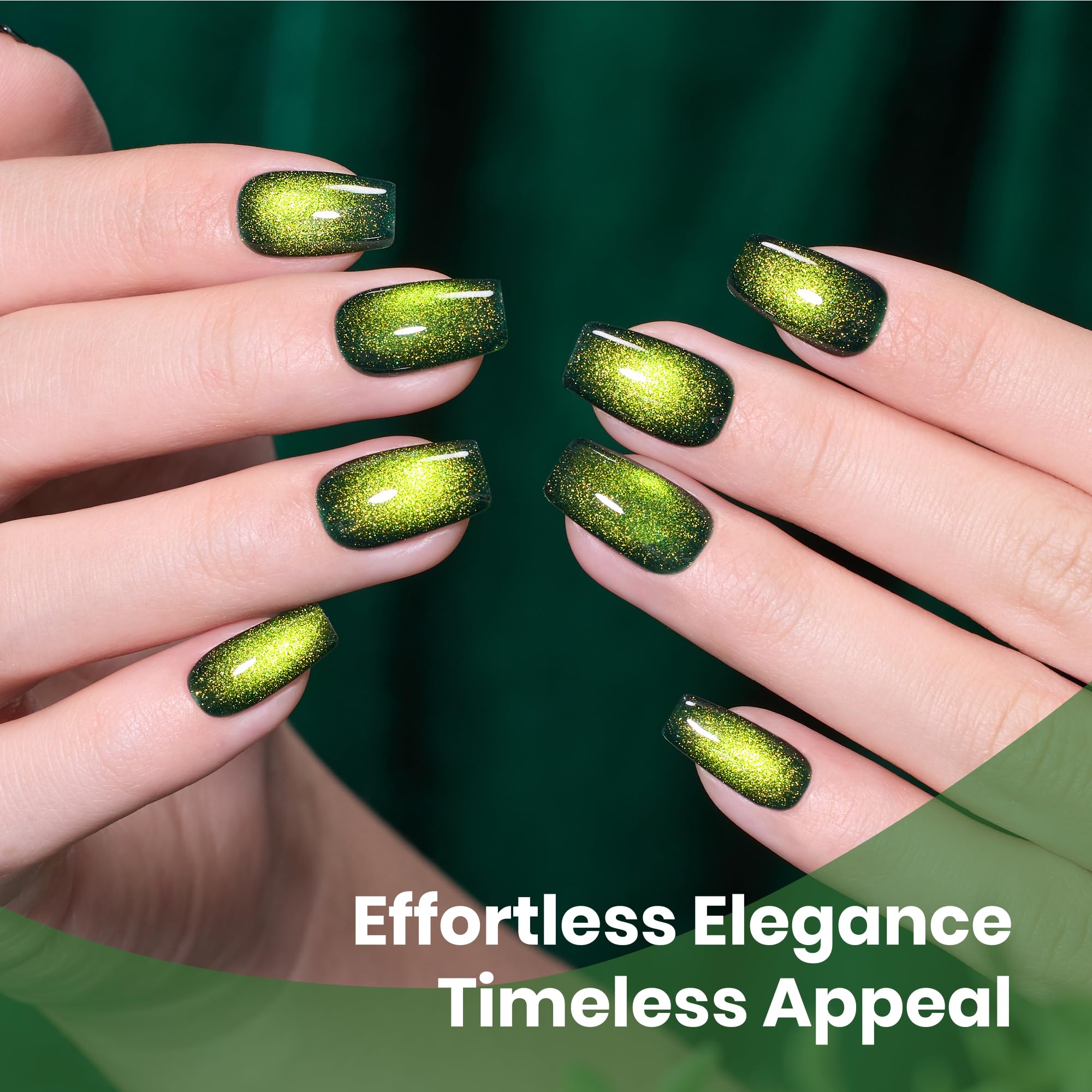 beetles manicure on model hands with forest flame green cat eye, elegant everyday look