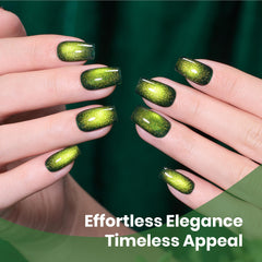 beetles manicure on model hands with forest flame green cat eye, elegant everyday look