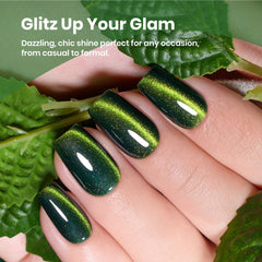 beetles gel texture close-up revealing silky green formula and fine metallic particles
