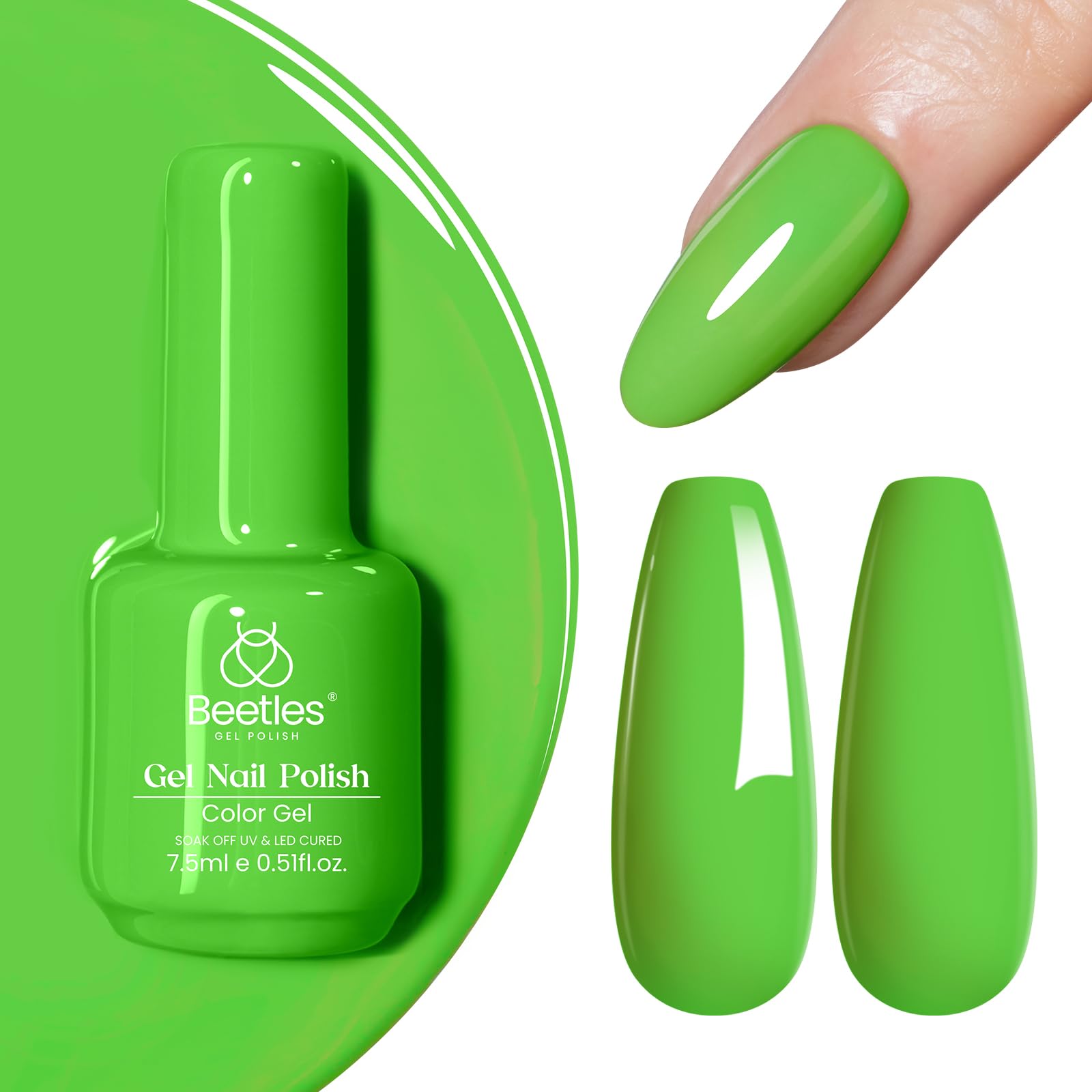 Beetles bottle front view showing forest green neon color and 15ml size benefit