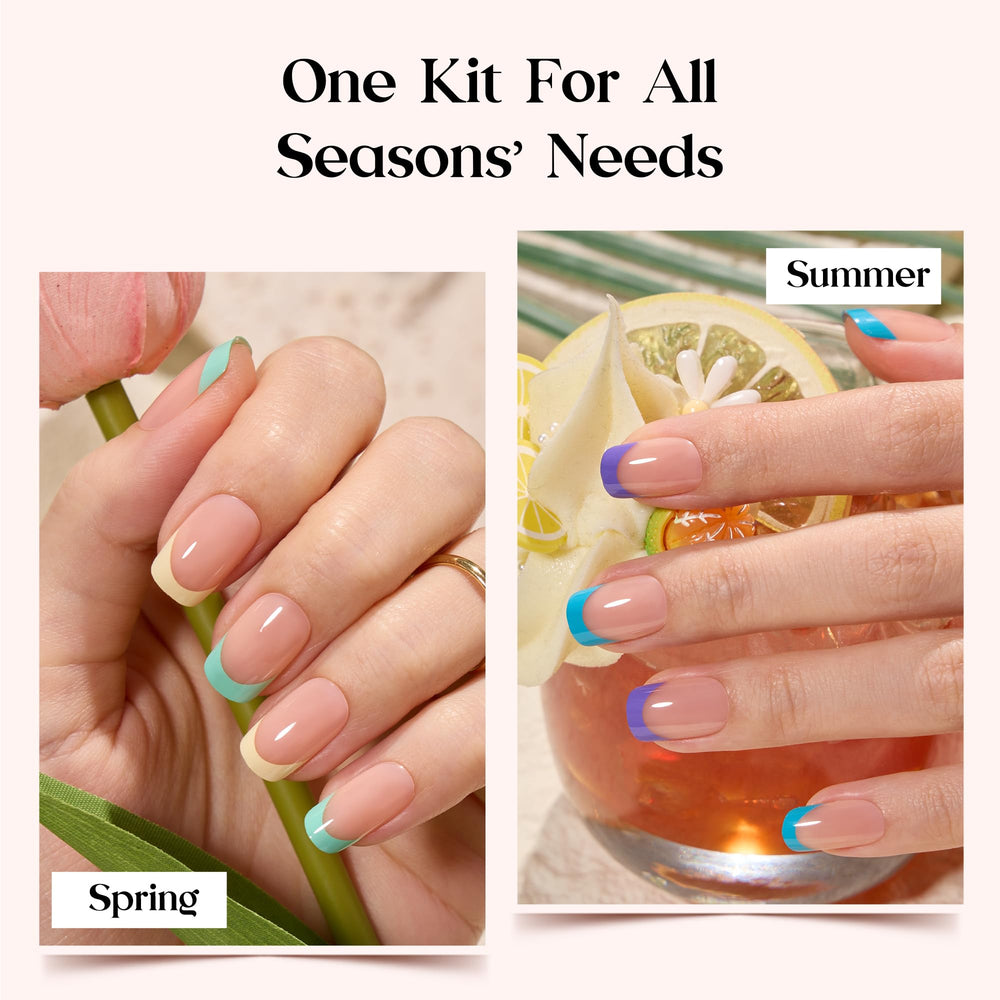 beetles french tip and glossy solid nails paired to show mix-and-match possibilities