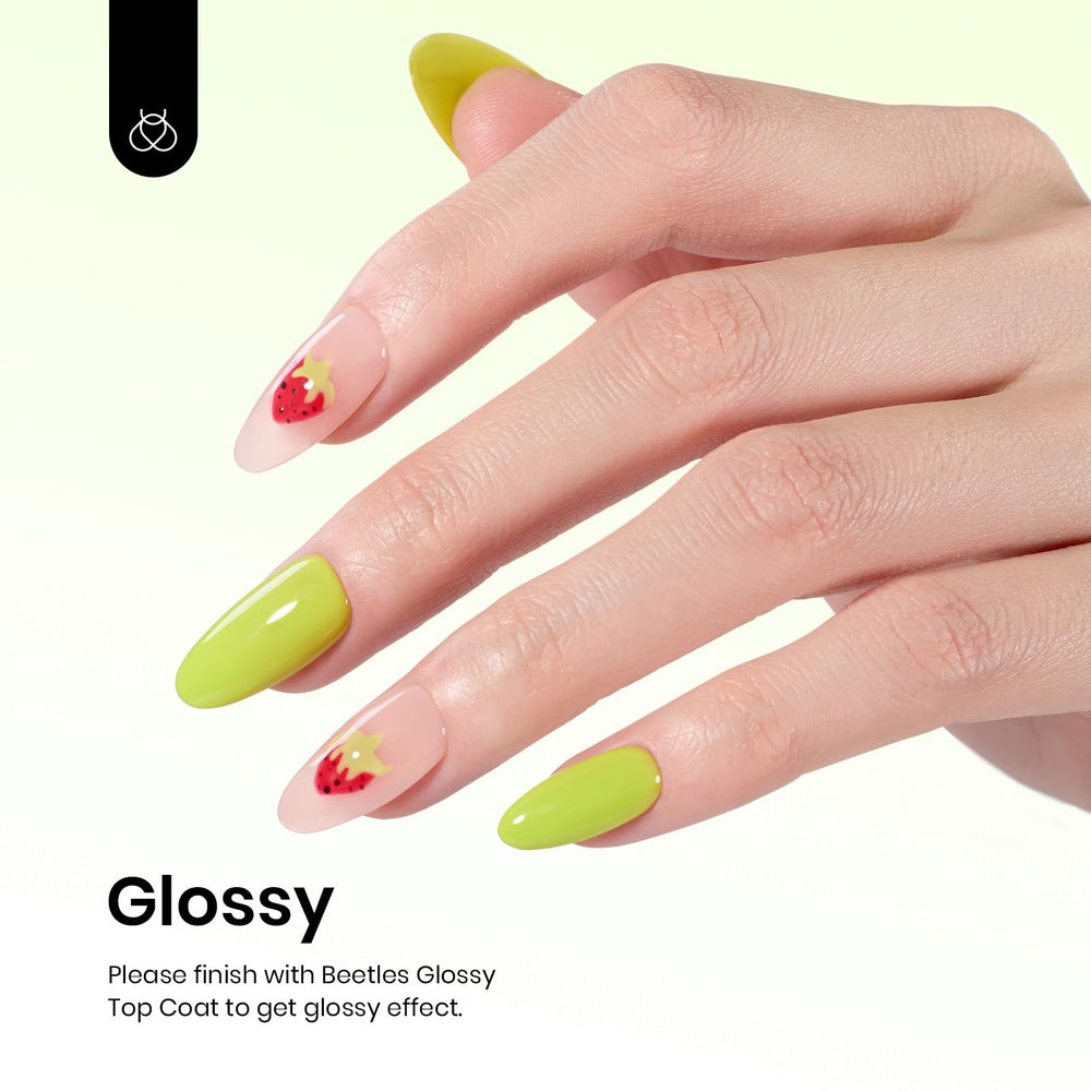 Beetles nail swatches showing finished neon lime results and durable shine benefit