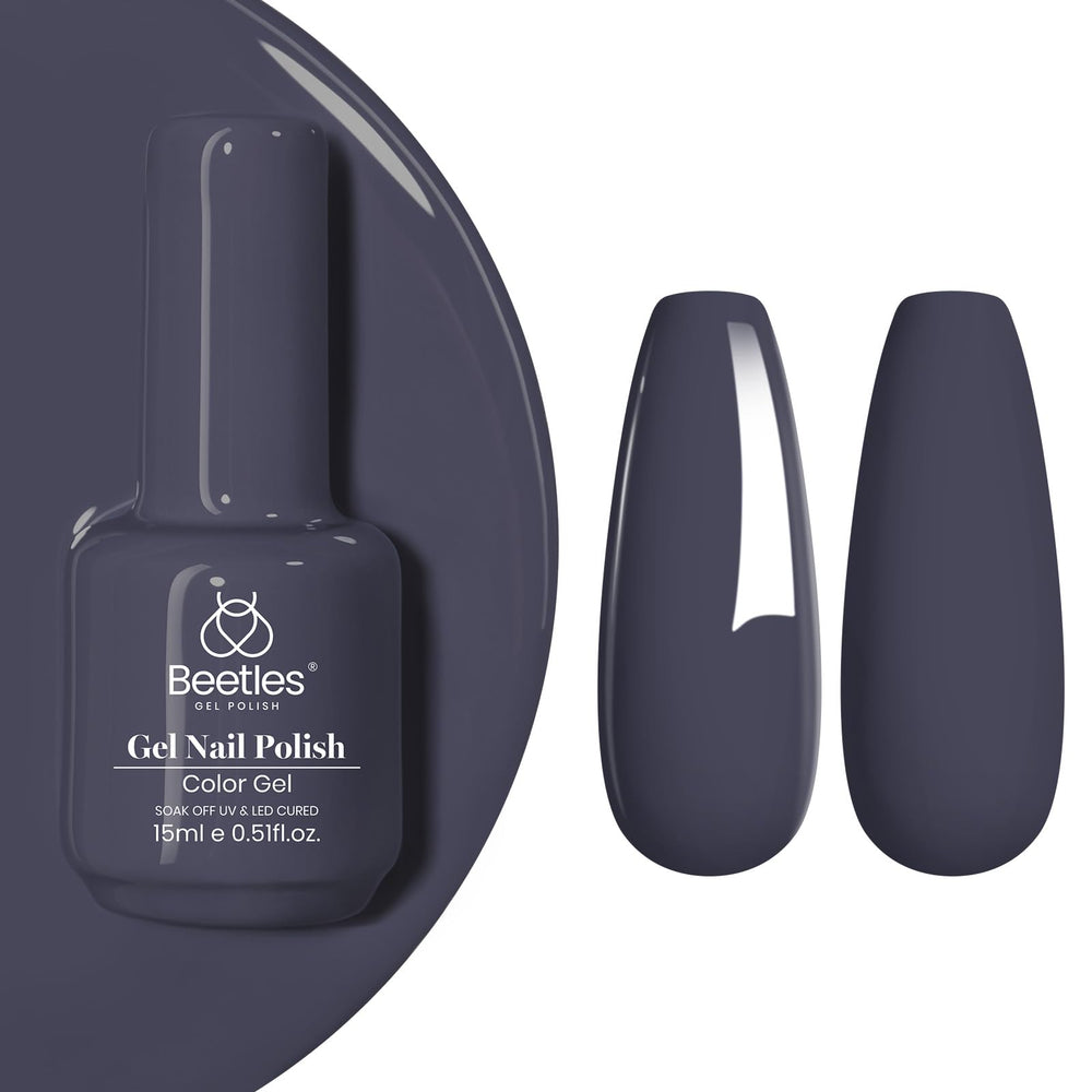 beetles gel polish front bottle showing dark grey shade and tidy label