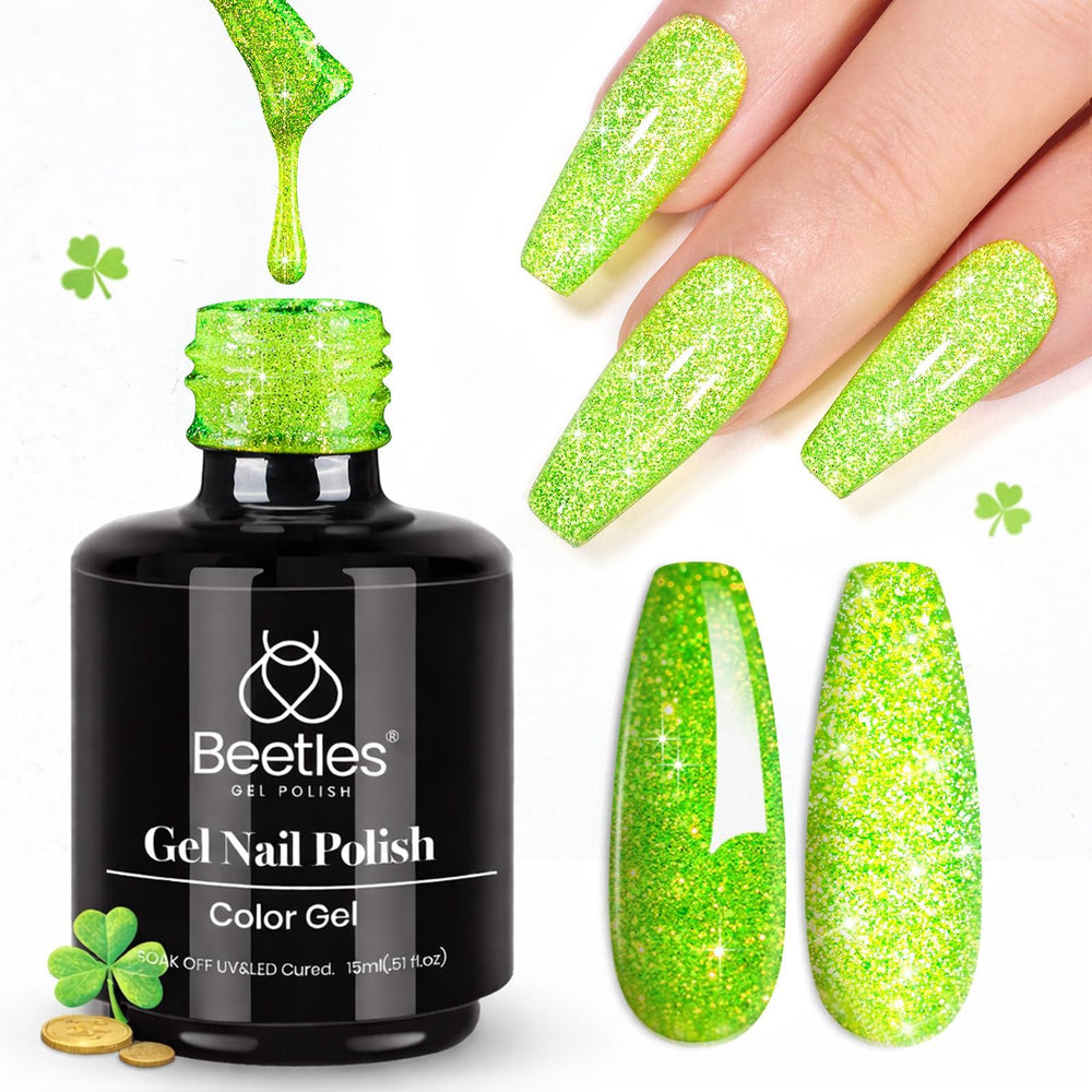 Beetles bottle front view showing reflective green glitter and high-shine finish