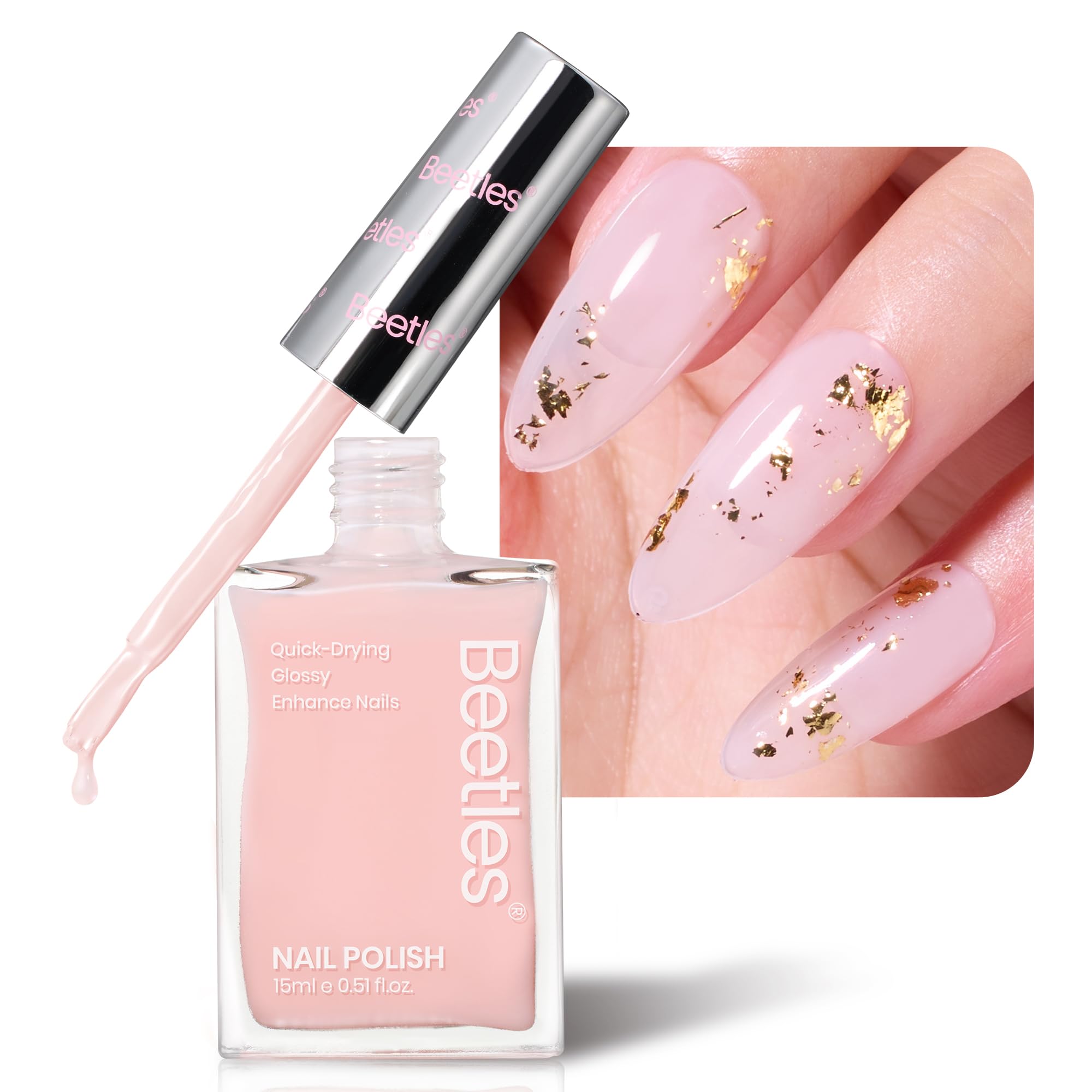 beetles Gel Polish front bottle showing light pink jelly shade and glossy finish benefit