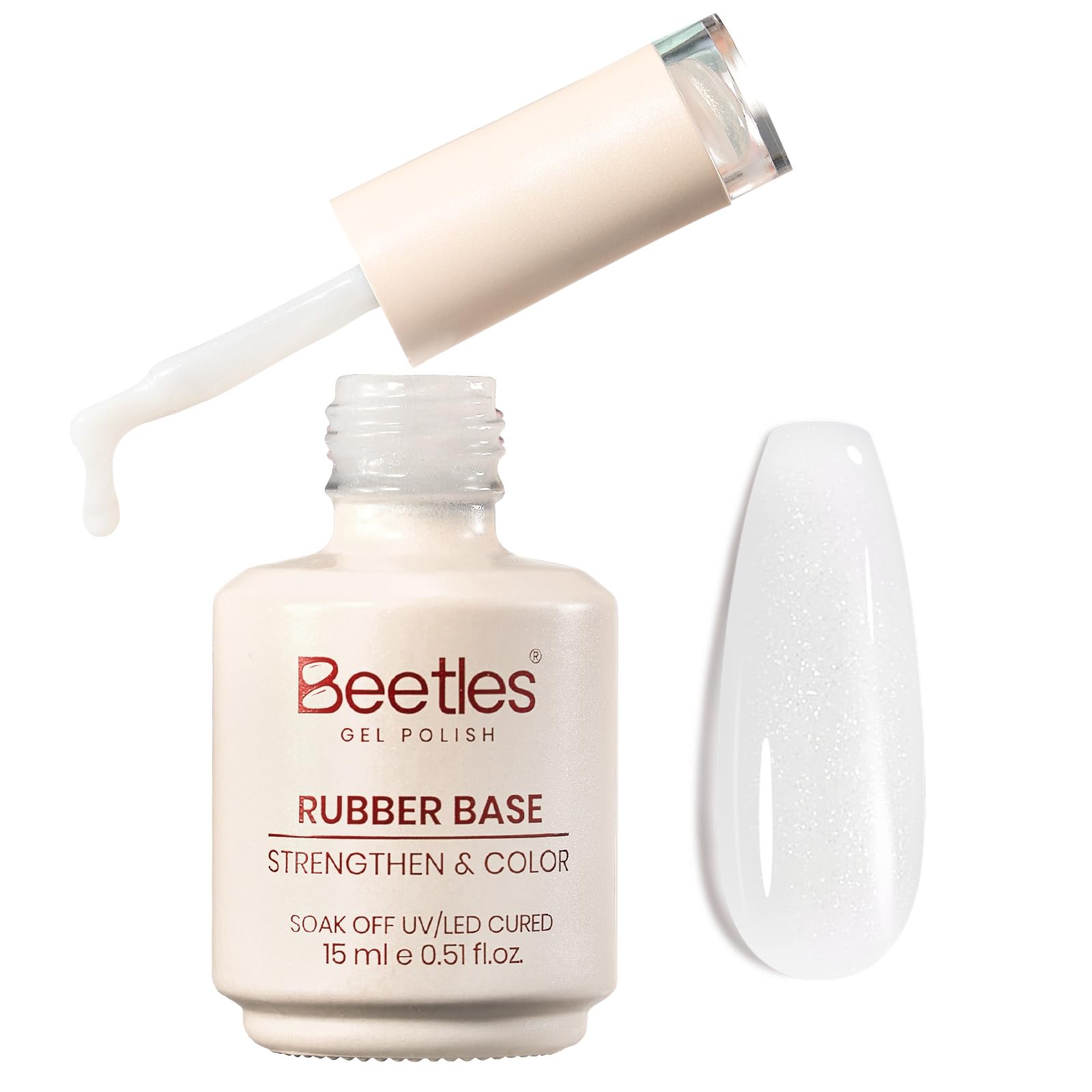 Beetles bottle front view showing milky white rubber base and shimmer benefit