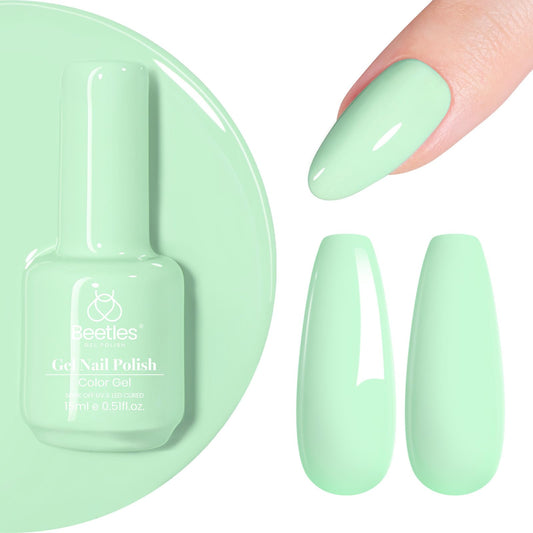 Beetles Gel Polish front bottle shows mint green shade and clear label for shade preview